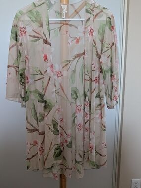 Floral Sheer Open-Front Kimono Cardigan - Pink & Green